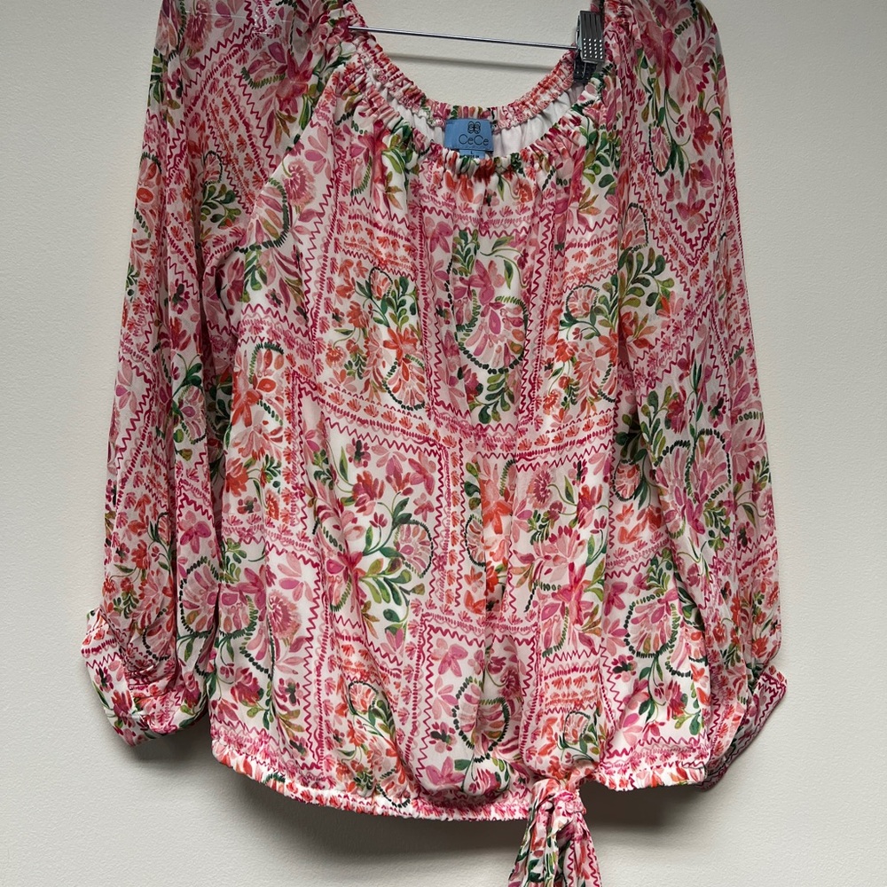 CeCe Pink Floral Blouse with Tie Hem